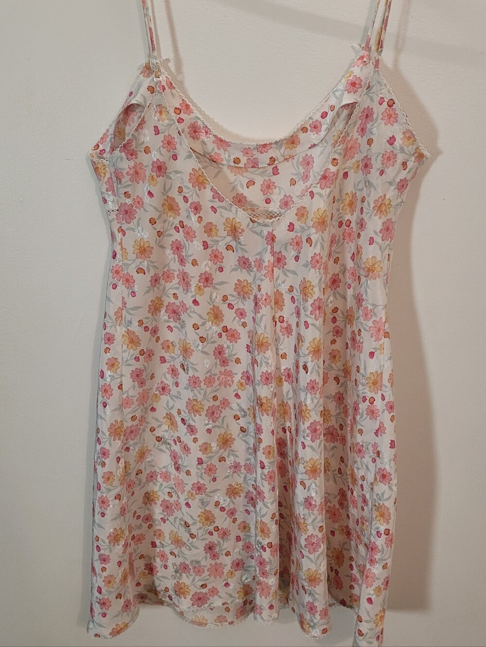 La SENZA Vintage White Pink Floral Chemise Satiny Slip Dress - L - Picture 5 of 9